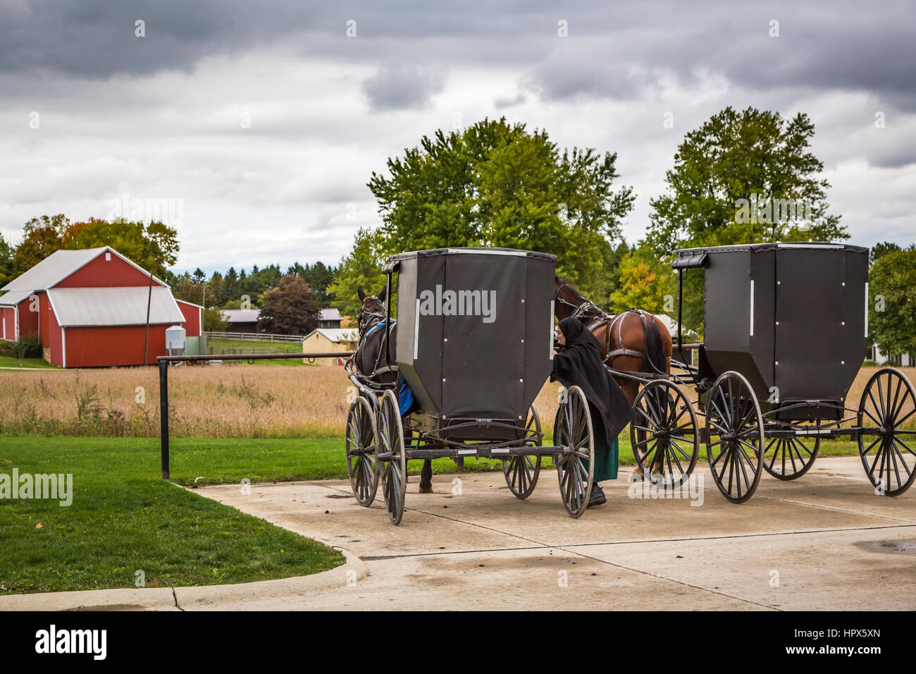 Un attacco di post per cavallo Amish e passeggini a Orville, Ohio, Stati Uniti d'America. Foto Stock