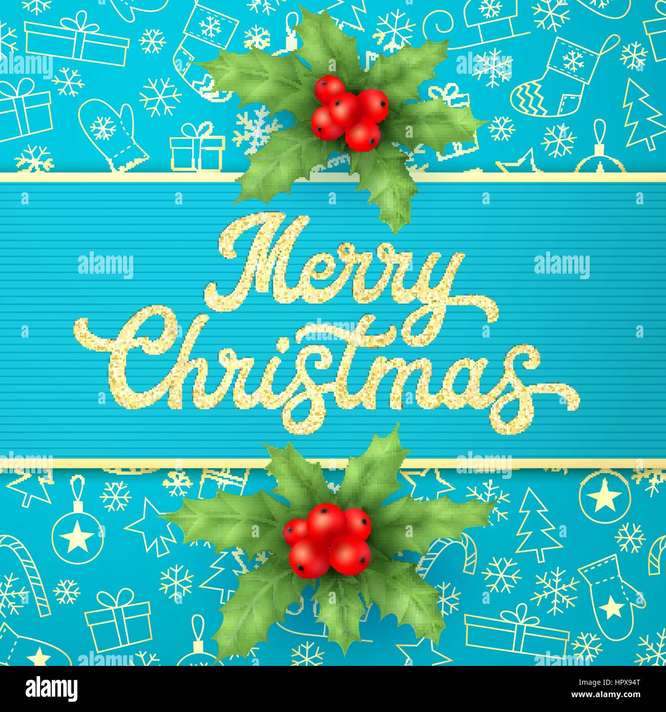 Oro texture glitter Xmas scritte blu su sfondo di Natale con con holly berry rami. Font illustrazione vettoriale. Illustrazione Vettoriale