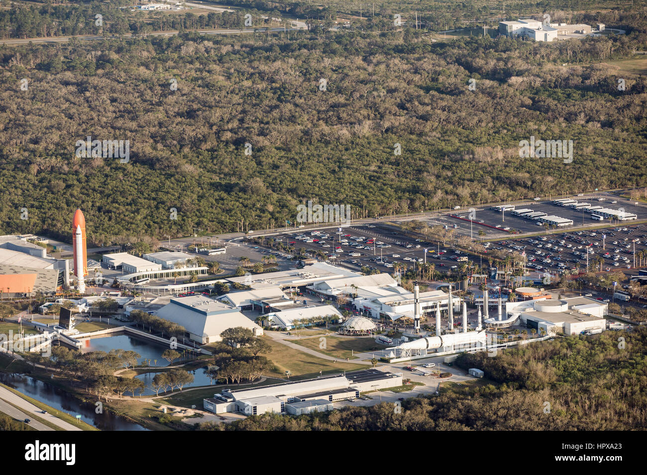 CAPE CANAVERAL, Orlando, FL - 17 febbraio 2017: vista aerea di tutto il complesso della NASA. Il Centro Spaziale Kennedy Museum Foto Stock
