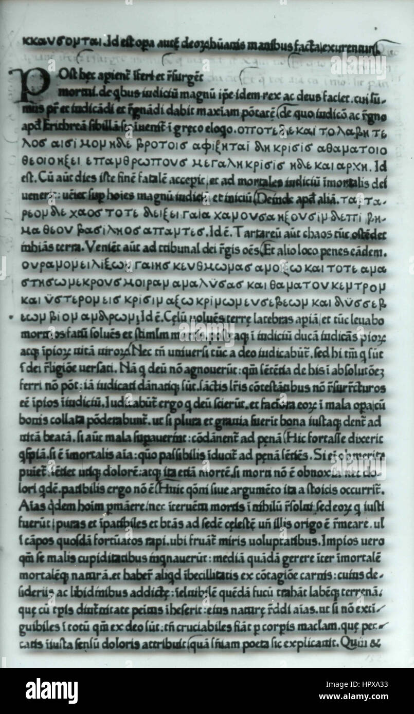 Pagina di un vecchio libro scritto in Greco antico e di latino, Italia Foto Stock