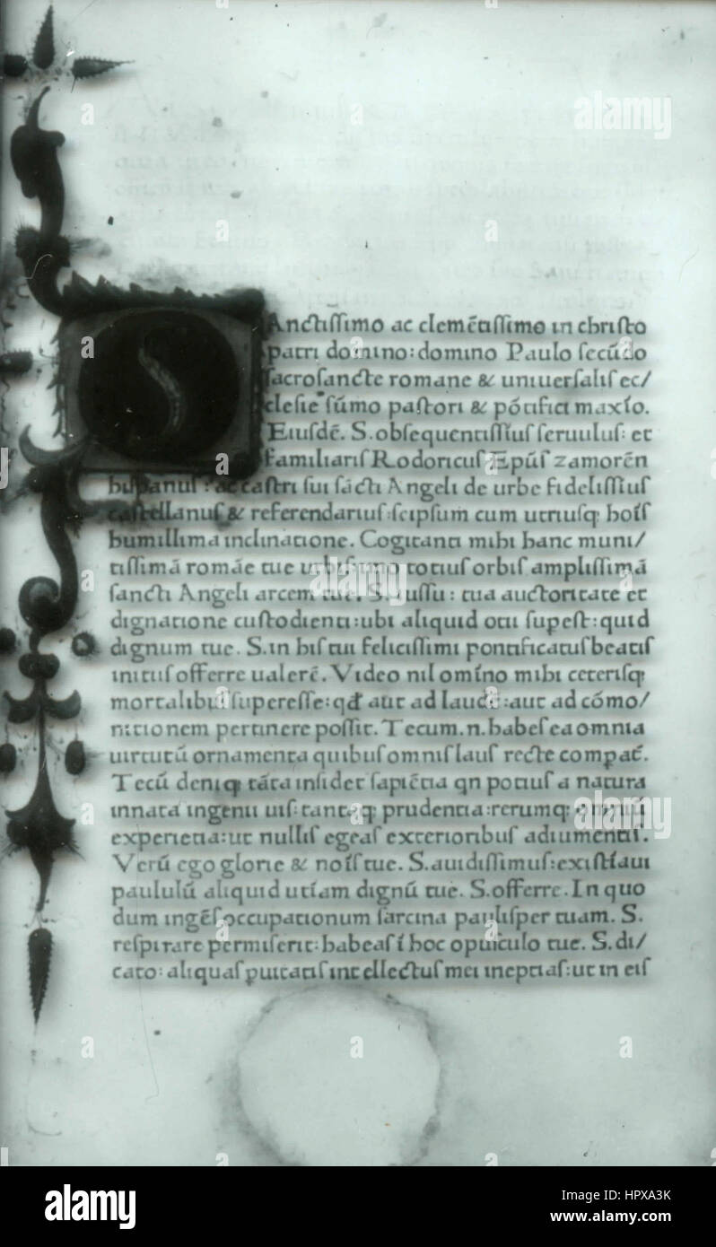 Pagina di un vecchio libro scritto in latino, Italia Foto Stock