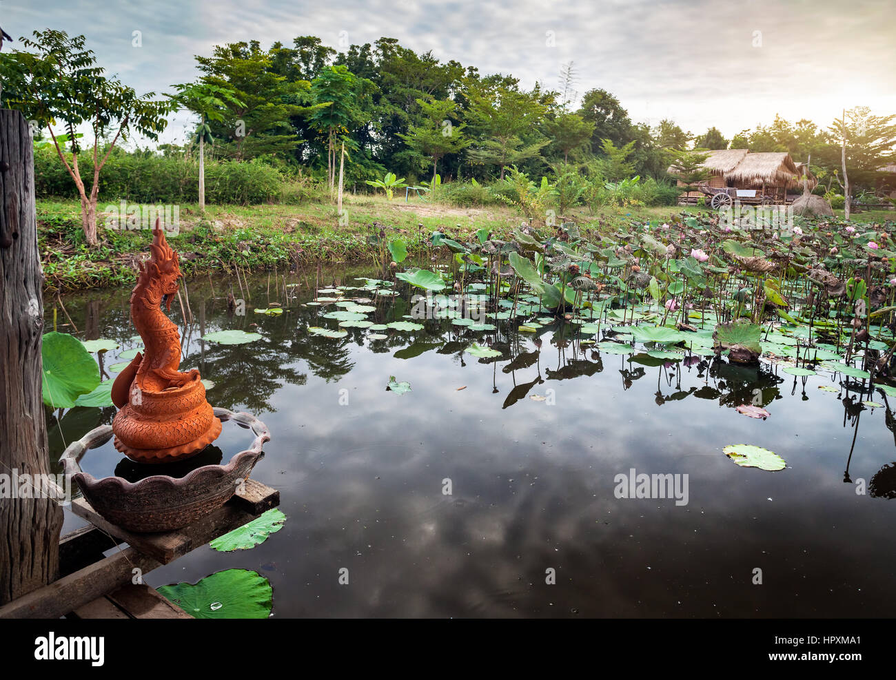 Bellissimo laghetto con Lotus e Dragon statue in Sukhothai resort, Thailandia Foto Stock