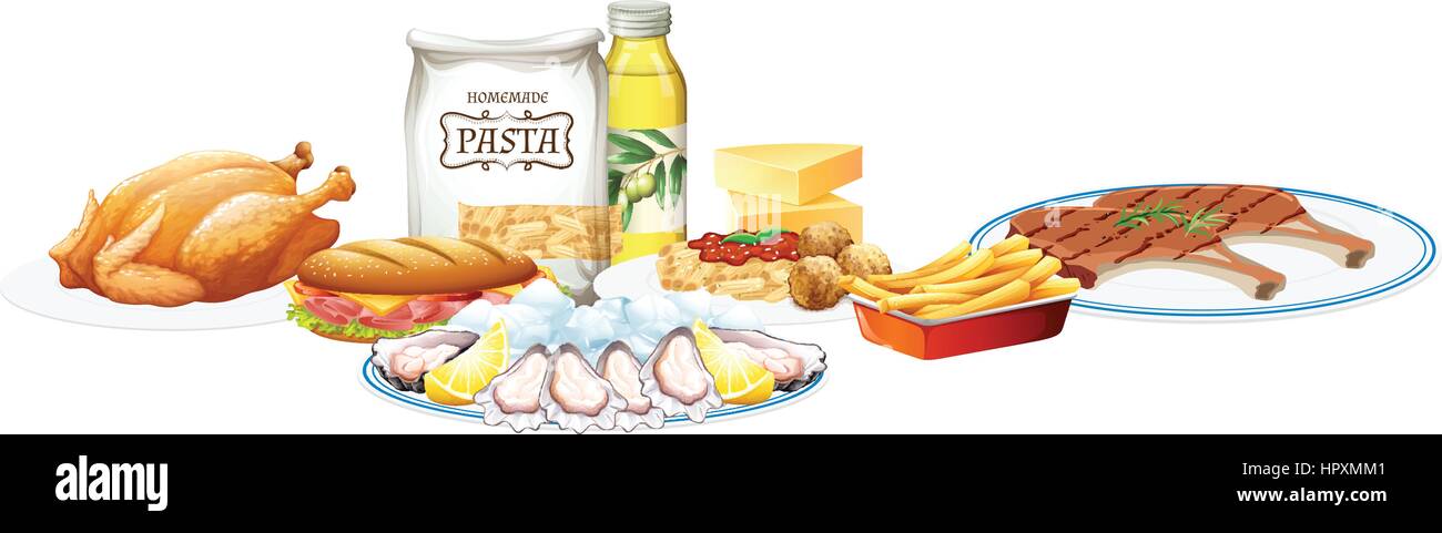 Diversi tipi di alimenti e di ingredienti freschi illustrazione Illustrazione Vettoriale