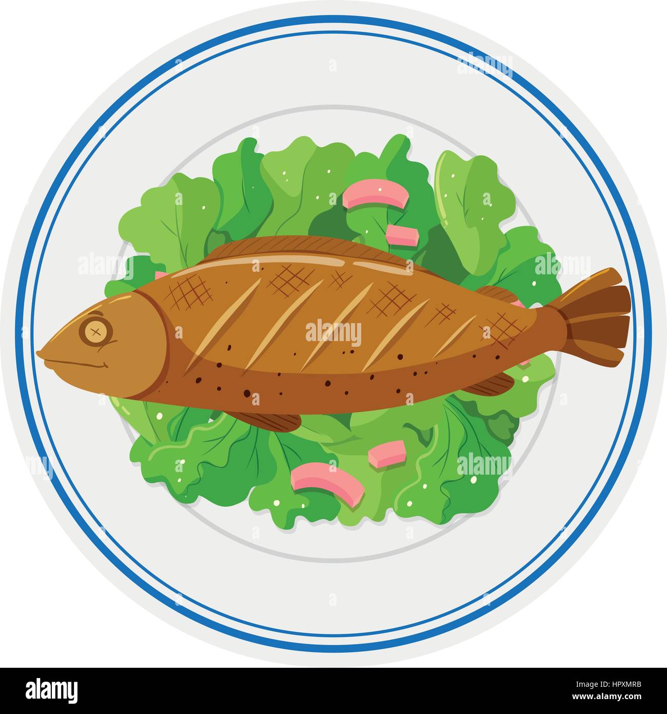 Grigliate di pesce e di verdure su illustrazione della piastra Illustrazione Vettoriale