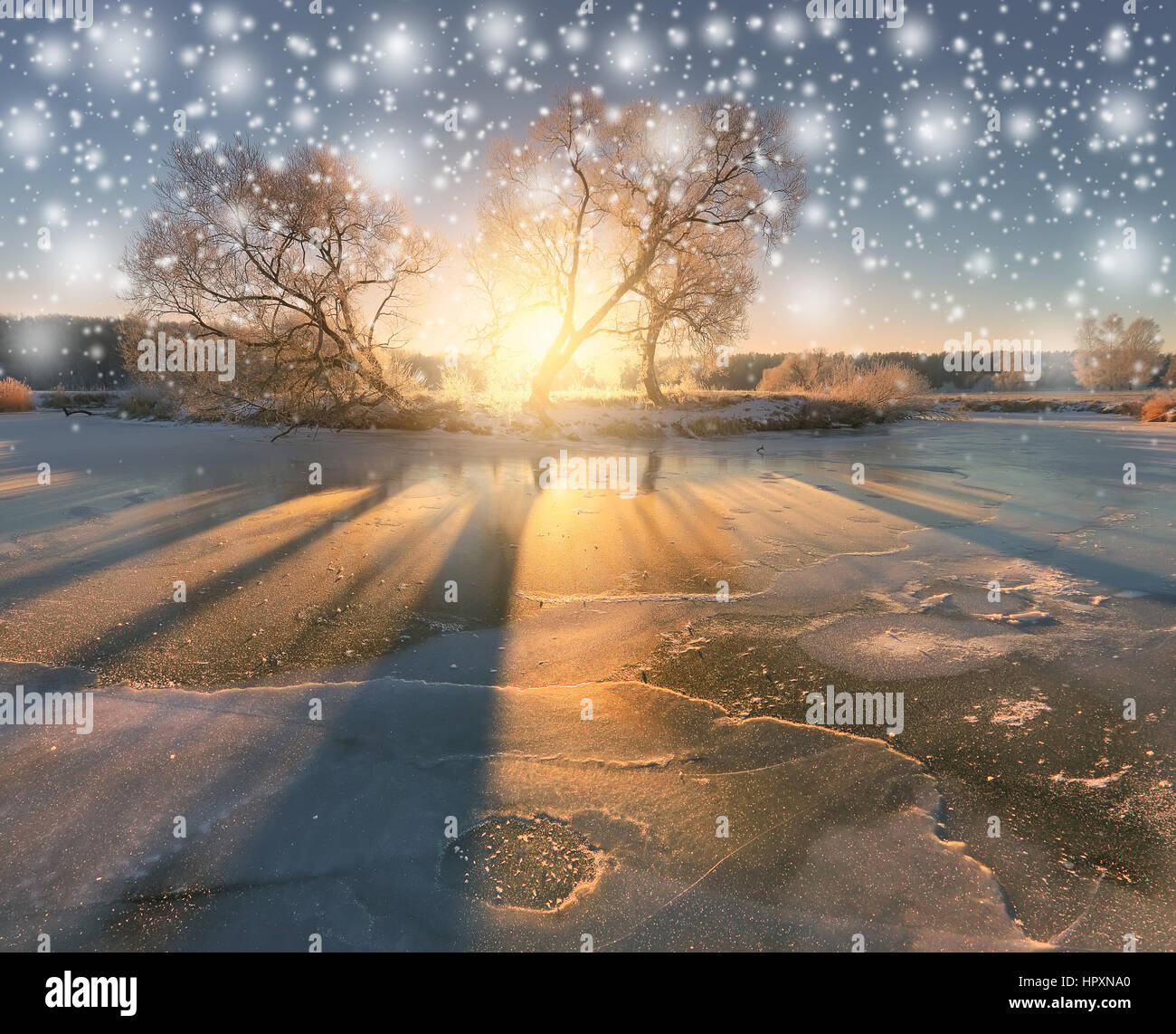Fiocchi di neve bianca su sfondo d'inverno. Fabulus la mattina di Natale. Soleggiato sfondo di Natale. Foto Stock
