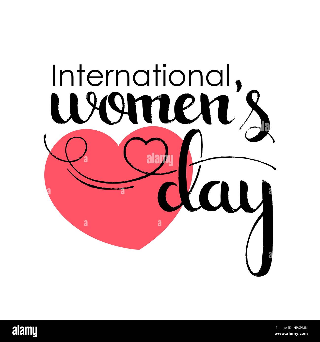 La Giornata internazionale della donna caratteri scritti a mano. Il 8 marzo. Vettore moderno disegnato a mano con calligrafia cuore su sfondo bianco per il vostro design Illustrazione Vettoriale