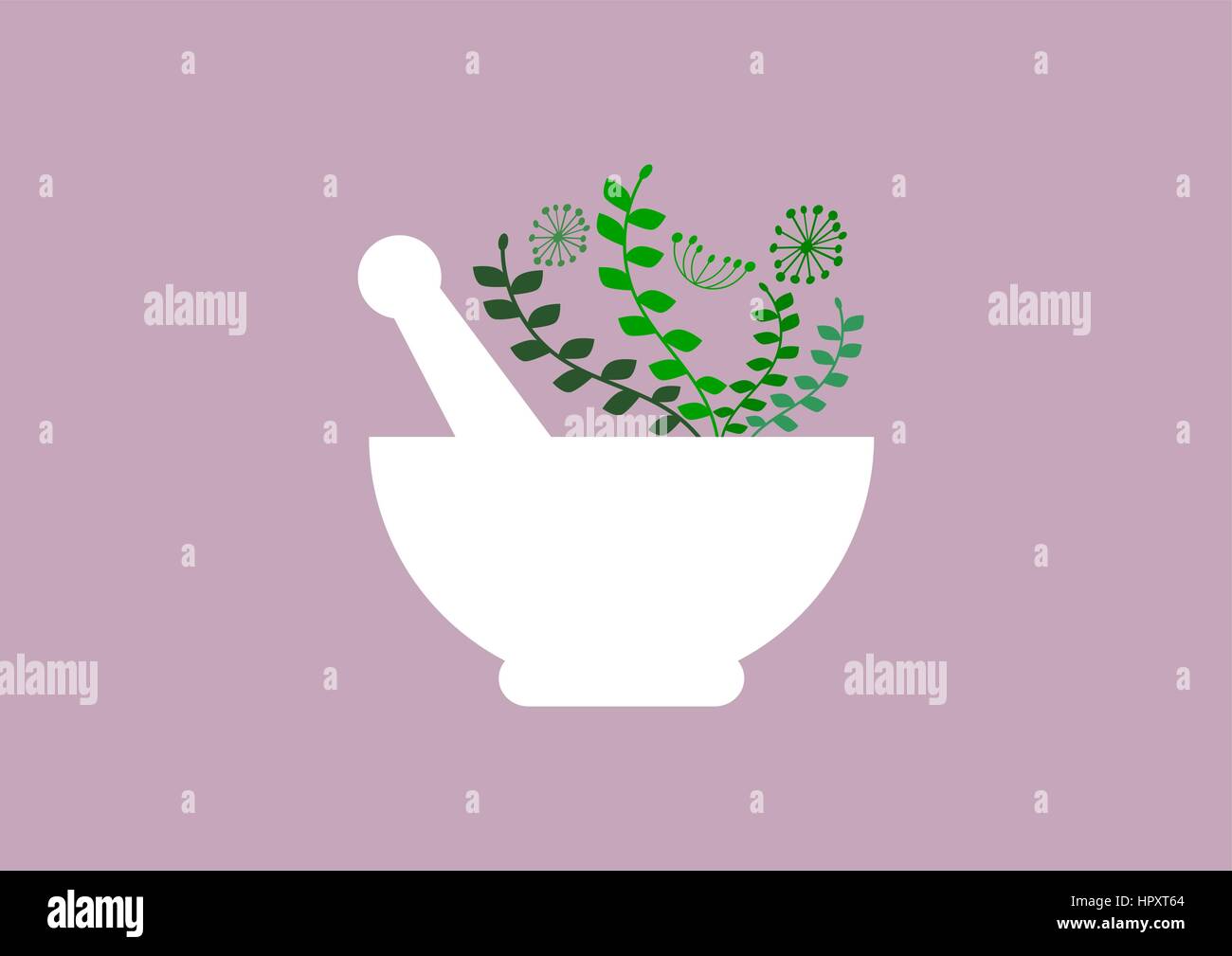 Il verde delle foglie nel mortaio con pestello. Farmacia, Medicina alternativa, omeopatia, concetto. Naturale, la medicina di erbe.piante medicinali.sfondo lavanda Illustrazione Vettoriale