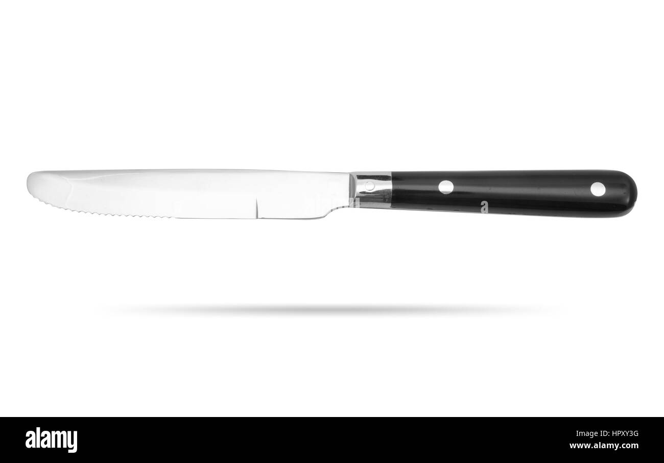 Coltello da bistecca con manico nero isolato su sfondo bianco Foto Stock