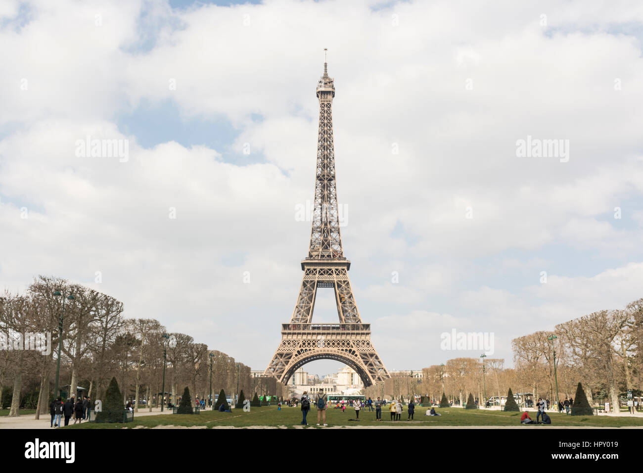 Vista della Torre Eiffel dal Champ de Mars, Parigi Foto Stock
