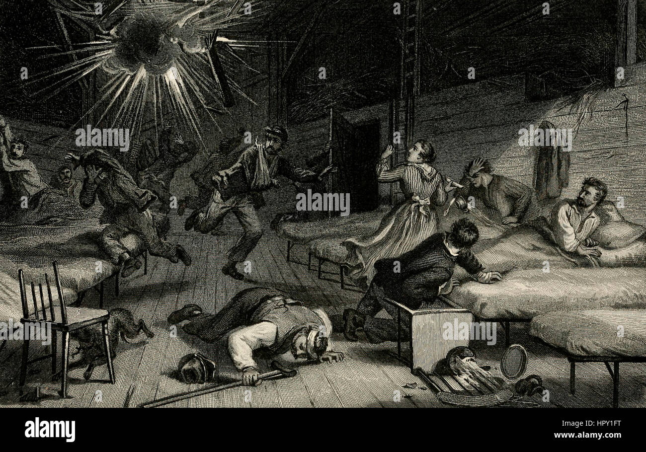 Un guscio ribelle scoppio in un ospedale di Unione - la Guerra Civile Americana Foto Stock