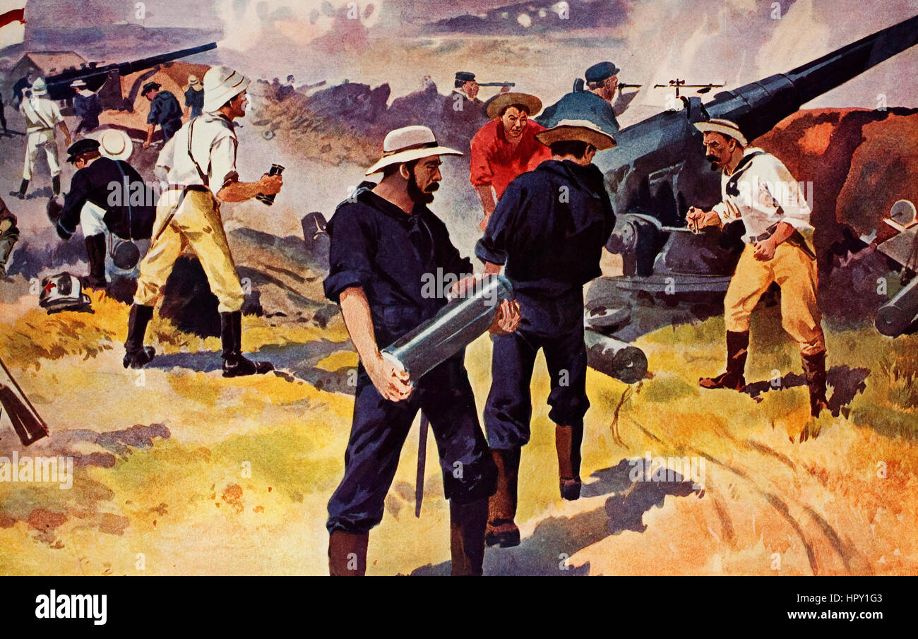 I marinai da incrociatori leggeri inglesi lavorando grandi cannoni navali a Ladysmith Foto Stock