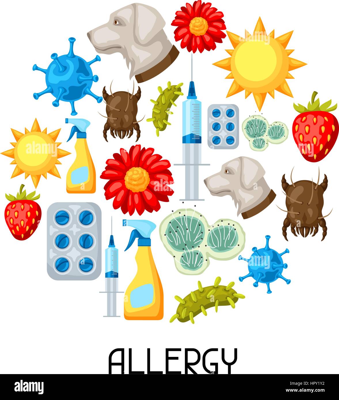 Allergia. Sfondo con allergeni e simboli. Illustrazione Vettoriale per i siti medici farmaci pubblicità Illustrazione Vettoriale