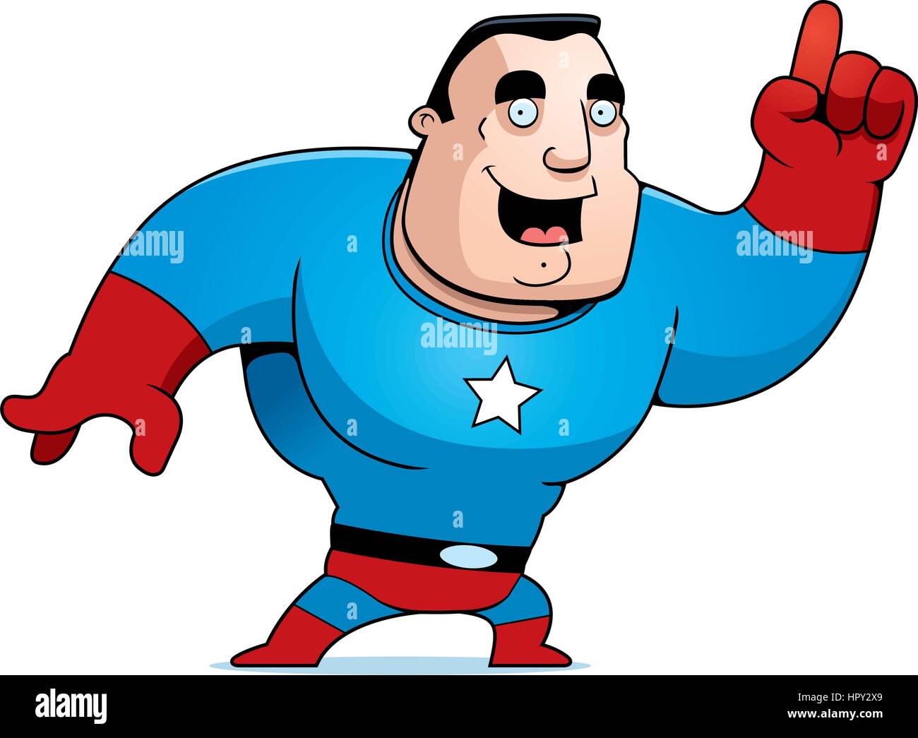 Un sorridente cartoon supereroe con un'idea. Illustrazione Vettoriale