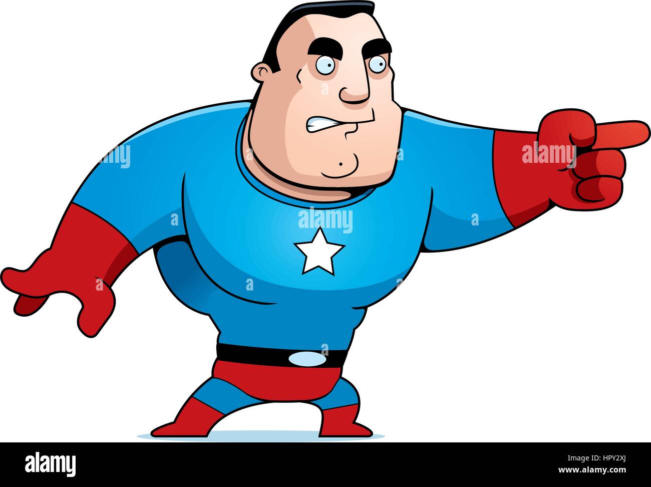 Un cartoon superhero arrabbiato e puntamento. Illustrazione Vettoriale