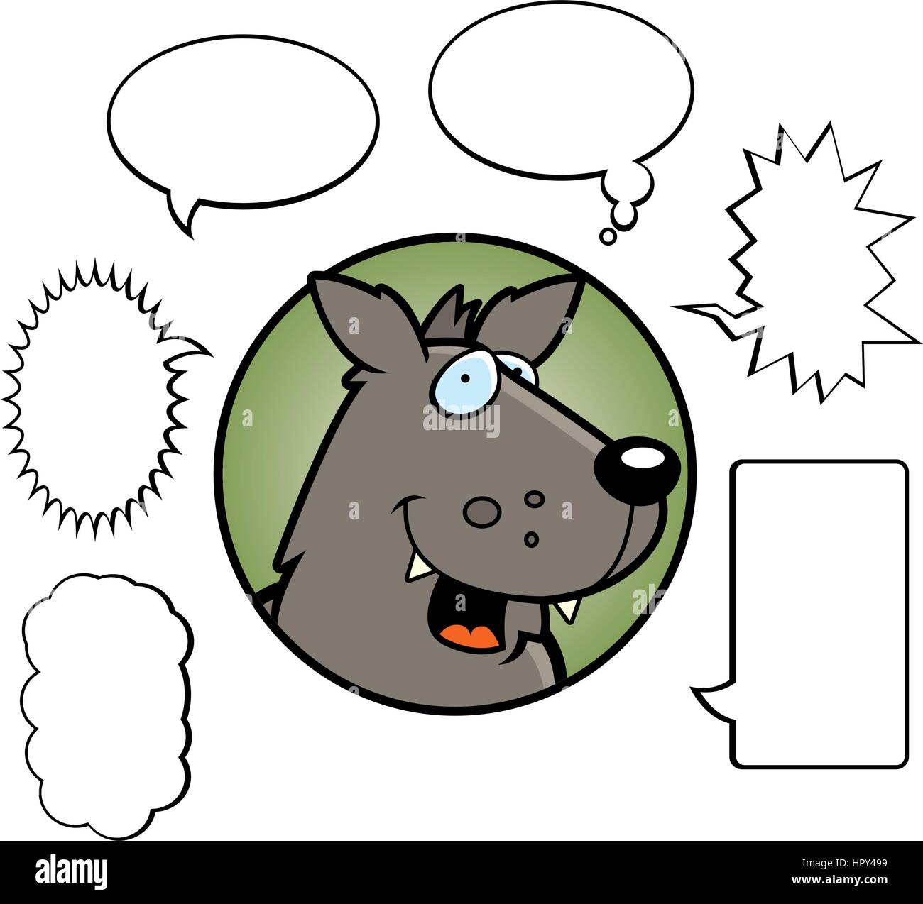 Un cartoon wolf parlando con la parola bolle. Illustrazione Vettoriale