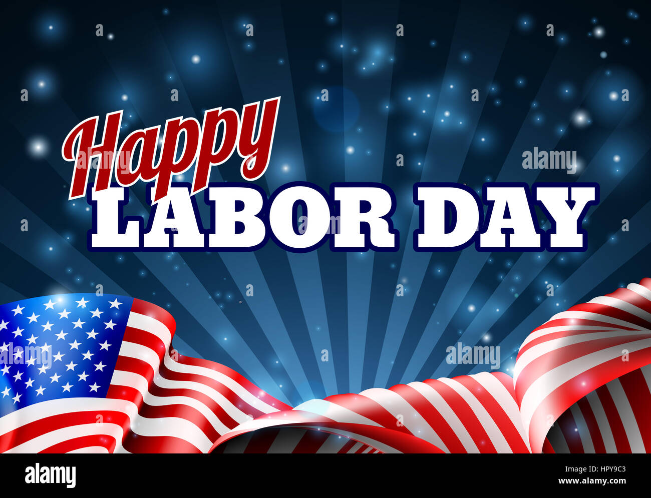 Una felice giornata di lavoro Progettazione di sfondo con una bandiera americana banner Foto Stock