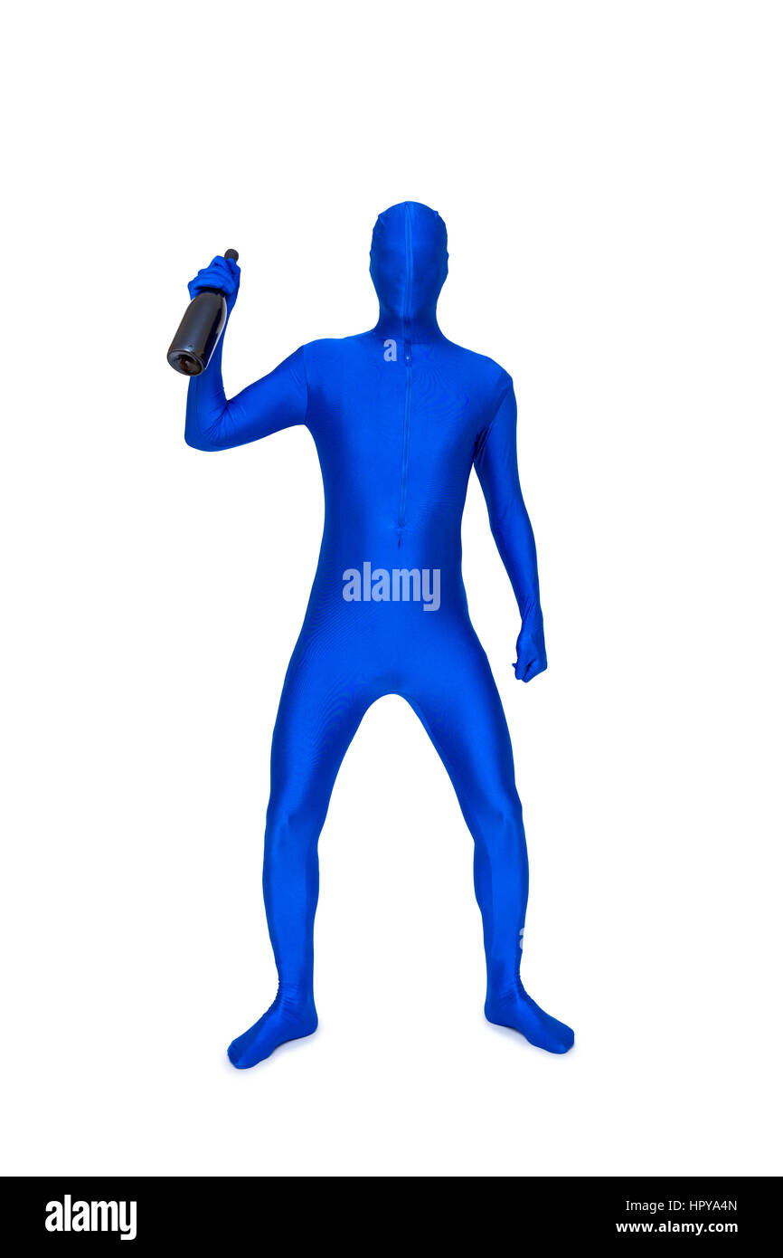 Misterioso uomo blu in morphsuit con bottiglia Foto Stock