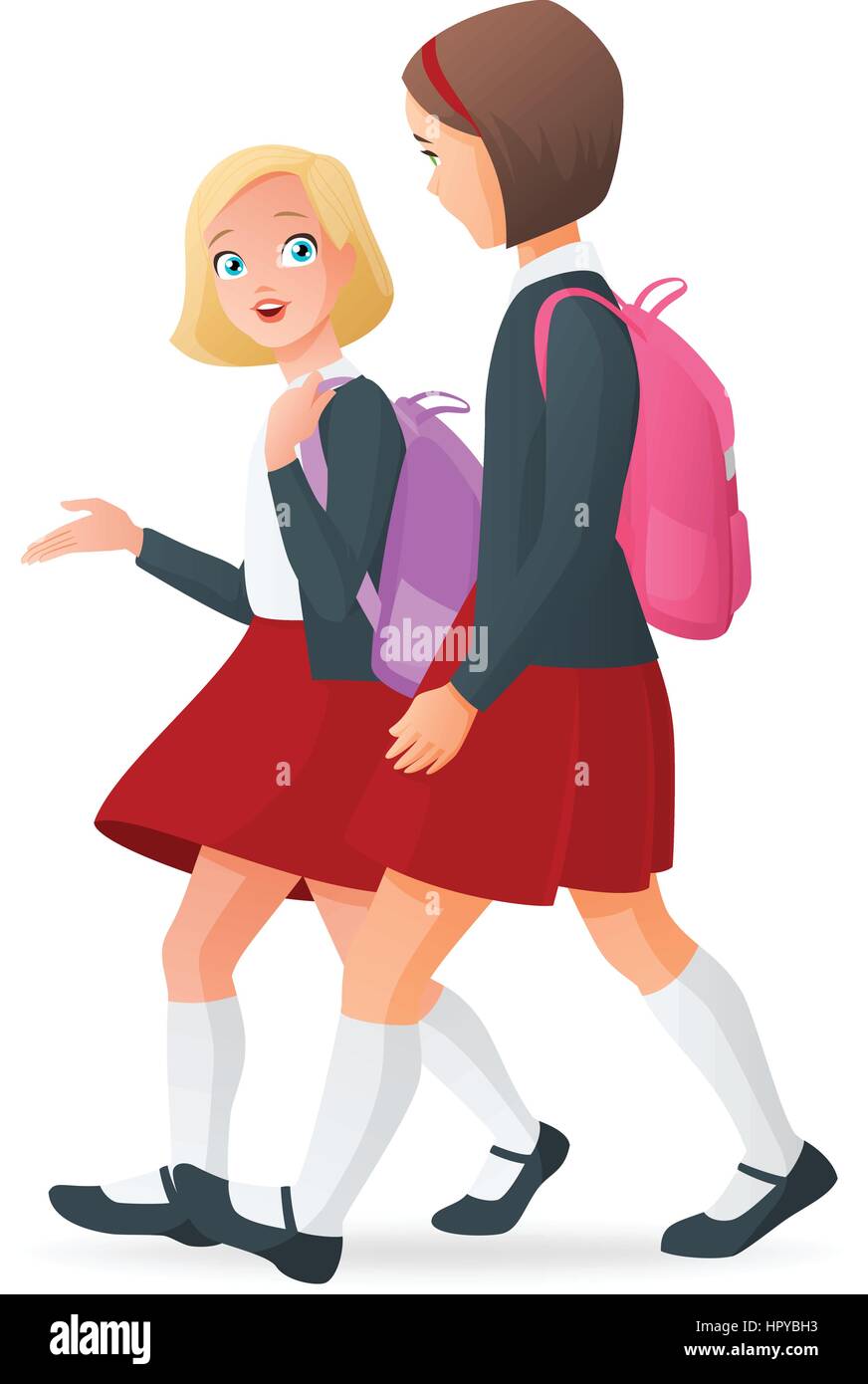 Due ragazze in uniforme di parlare sul modo di tornare a scuola. Fumetto illustrazione vettore isolato su sfondo bianco. Illustrazione Vettoriale