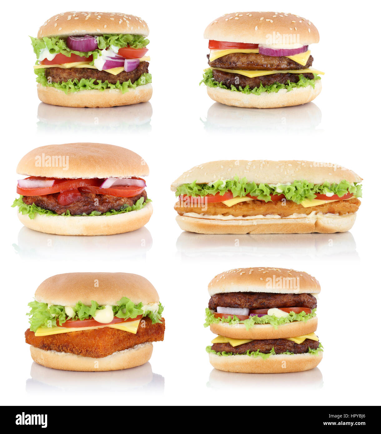 Hamburger insieme di raccolta cheeseburger formaggio isolato su uno sfondo bianco Foto Stock