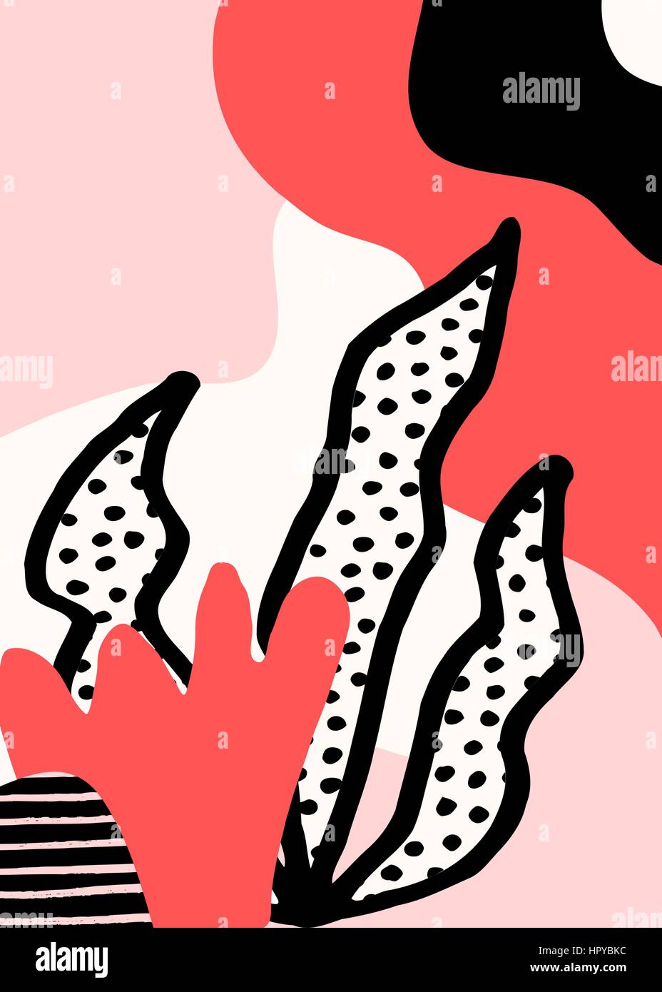 Collage stile design con abstract e forme organiche in rosa pastello, rosso, nero e crema. Abstract tessile, carta da imballaggio, wall art design. Illustrazione Vettoriale