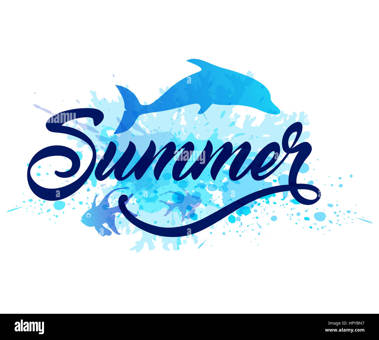 Abstract estate sfondo marino con silhouette di delfino blu e scritte Foto Stock