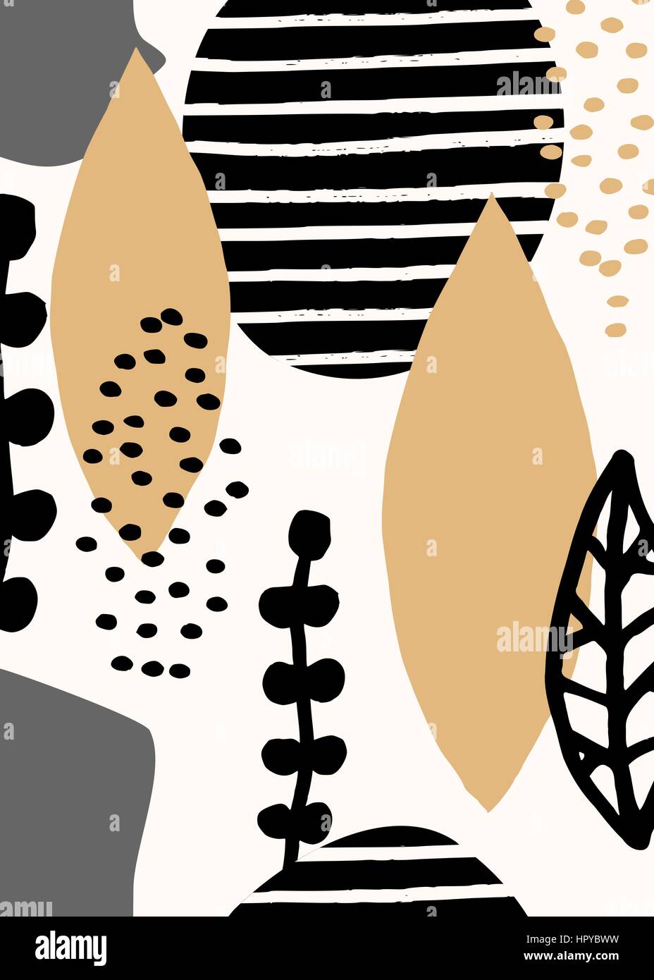 Collage stile design con abstract e forme organiche in rosa pastello, giallo senape, grigio, nero e crema. Abstract wall art design. Illustrazione Vettoriale