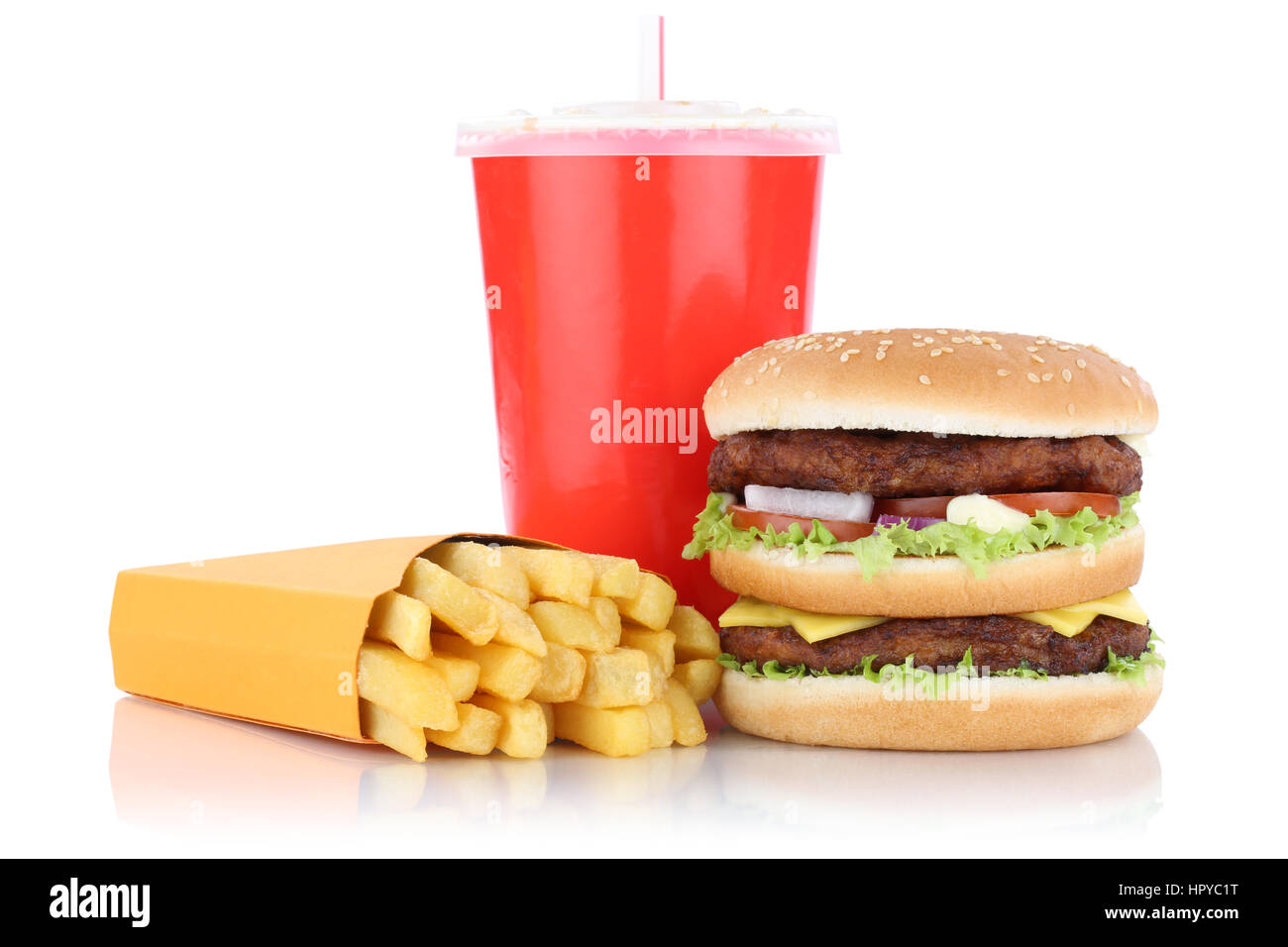 Double burger hamburger e patatine menu combo pasto fast food drink isolato su uno sfondo bianco Foto Stock