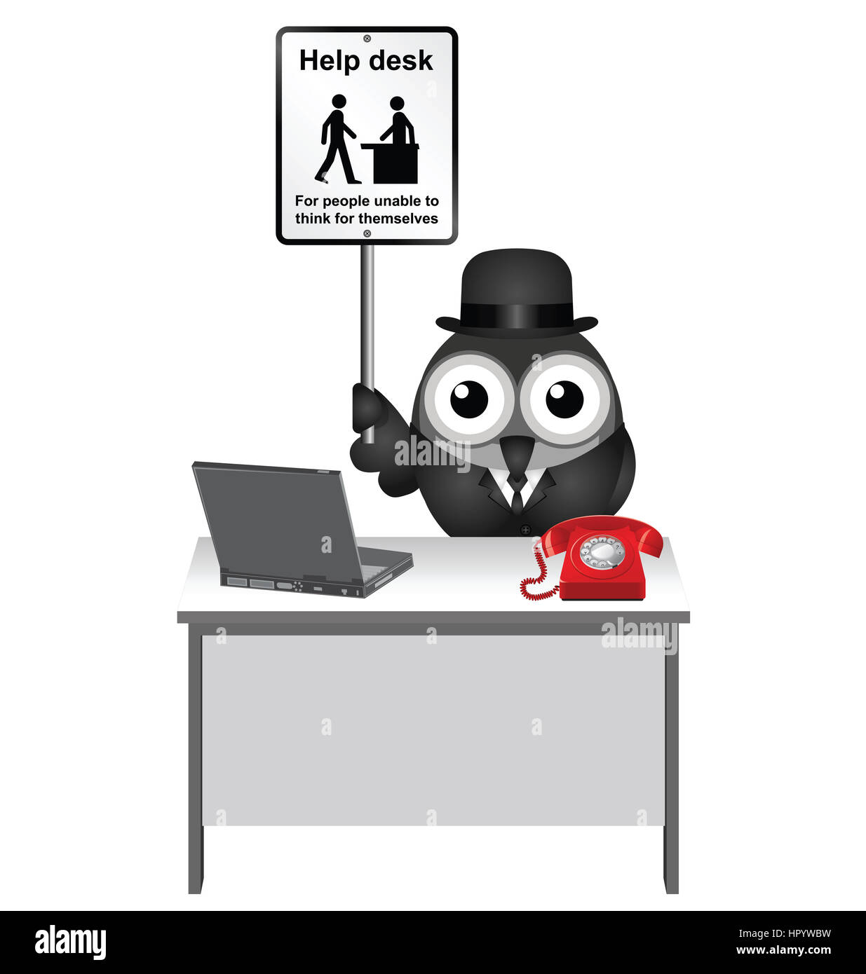 Comica di Help Desk con segno helper di uccelli seduto alla sua scrivania Foto Stock