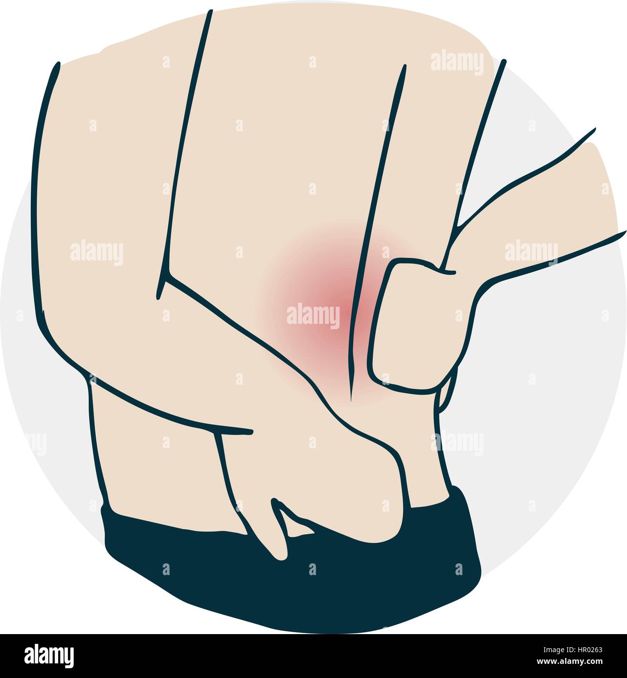 La parte bassa della schiena dolore. Icona su temi medici. Illustrazione di un divertente stile cartoon Illustrazione Vettoriale