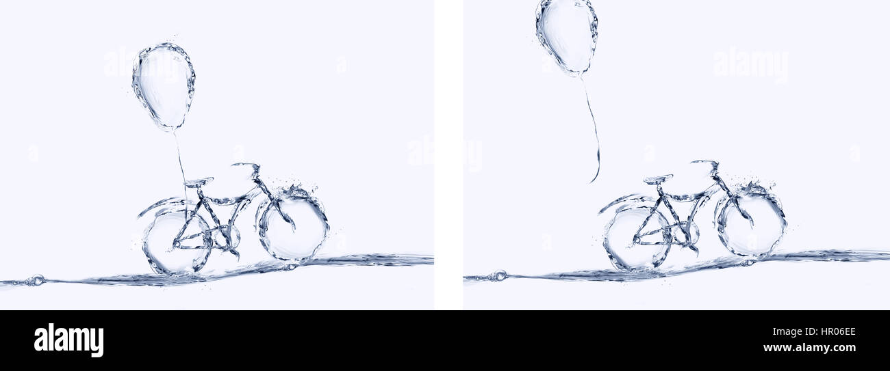 Collage di una bicicletta fatta di acqua e di palloncino volare lontano. Foto Stock