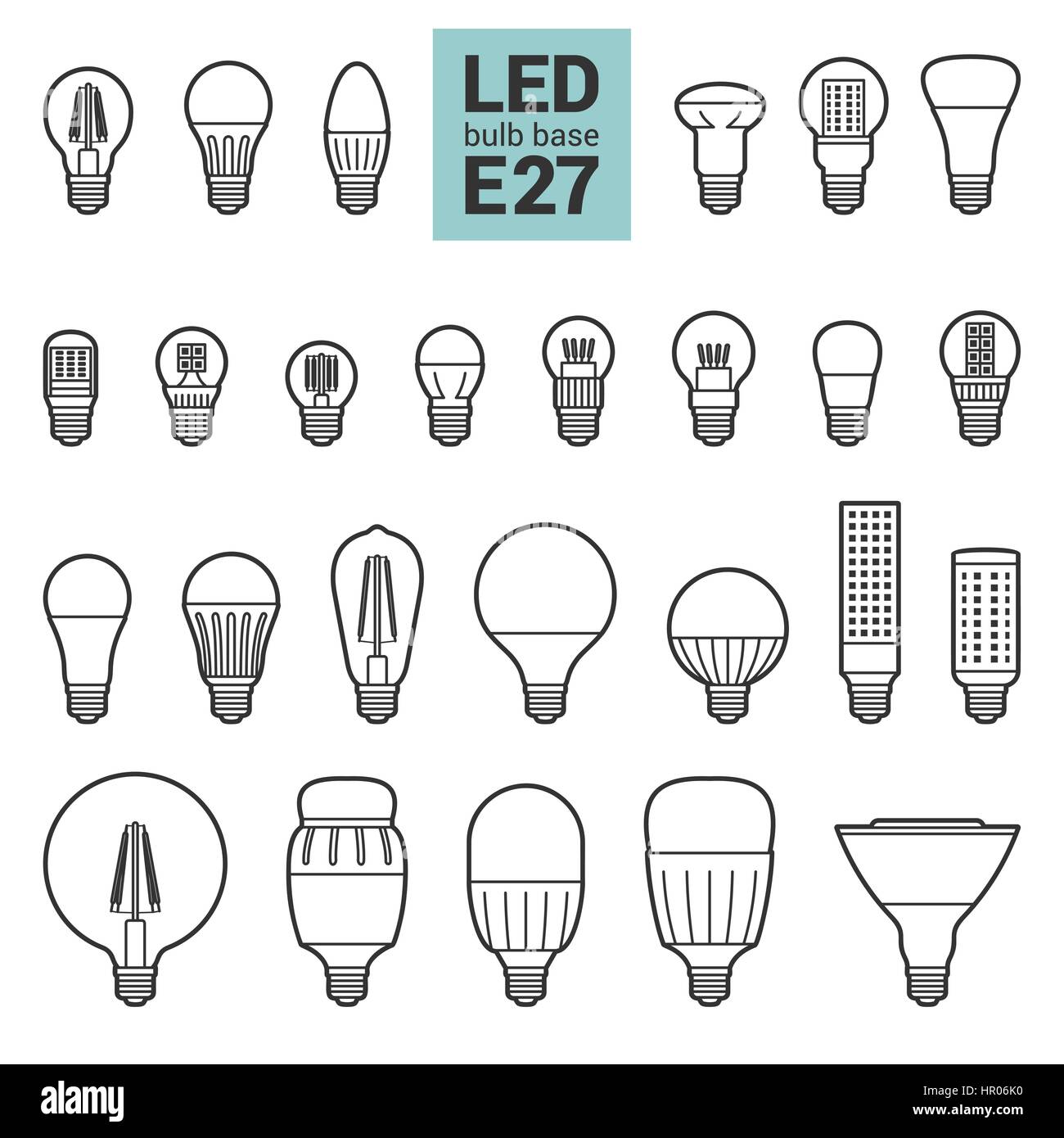 LED lampadine con E27 base, vettore icona di contorno impostato su sfondo bianco Illustrazione Vettoriale
