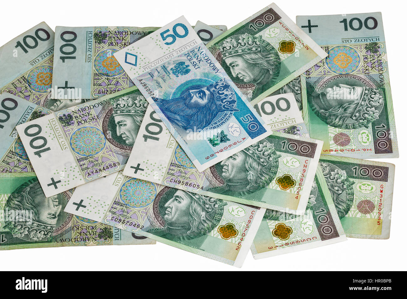 Zloty polacco banconote background closeup isolato su bianco Foto Stock