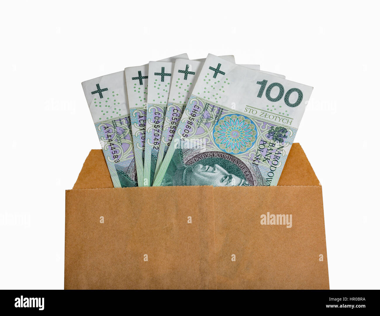 Zloty polacco cento banconote in carta avvolgono isolati su sfondo bianco closeup con spazio di copia Foto Stock