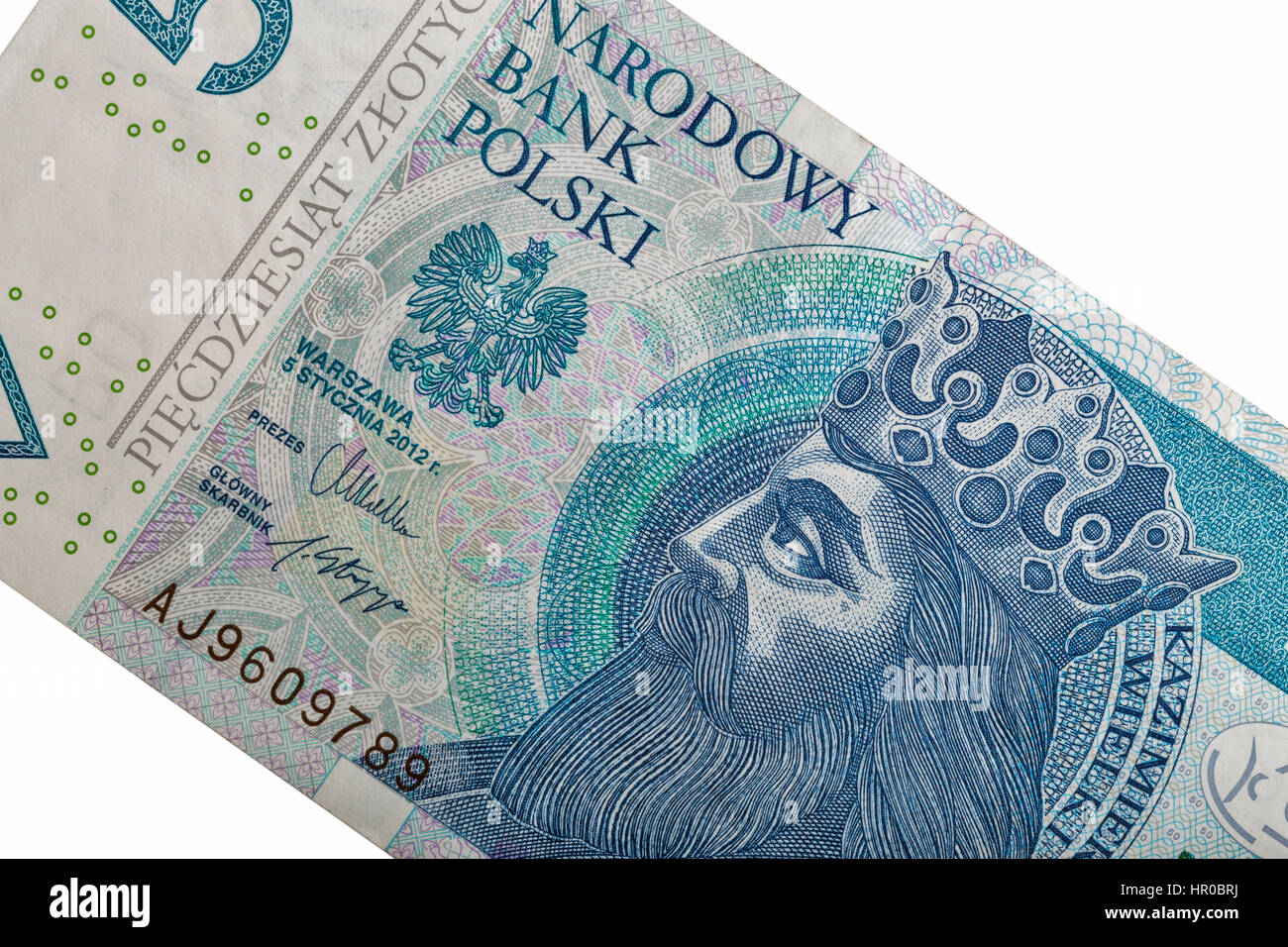 Il polacco denaro bill cinquanta zloty macro isolato su sfondo bianco con il ritratto del re di Polonia Casimiro III il grande. Foto Stock