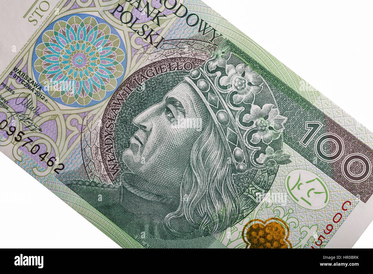 Il polacco denaro bill cento zloty macro isolato su sfondo bianco con il ritratto del re di Polonia Wladyslaw II Jagiello. Foto Stock