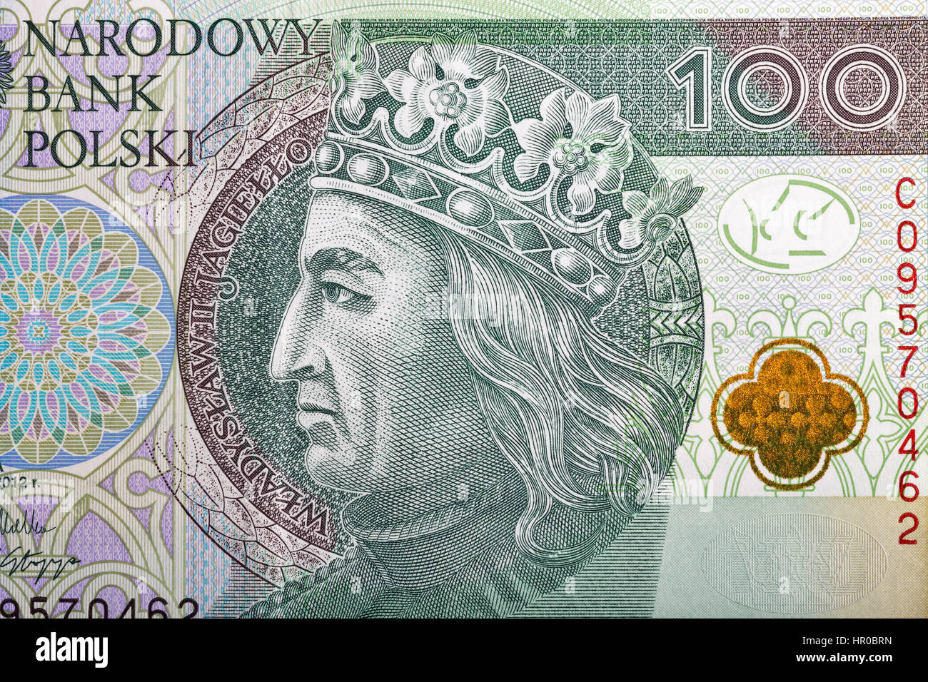 Il polacco denaro bill cento zloty macro con il ritratto del re di Polonia Wladyslaw II Jagiello. Foto Stock