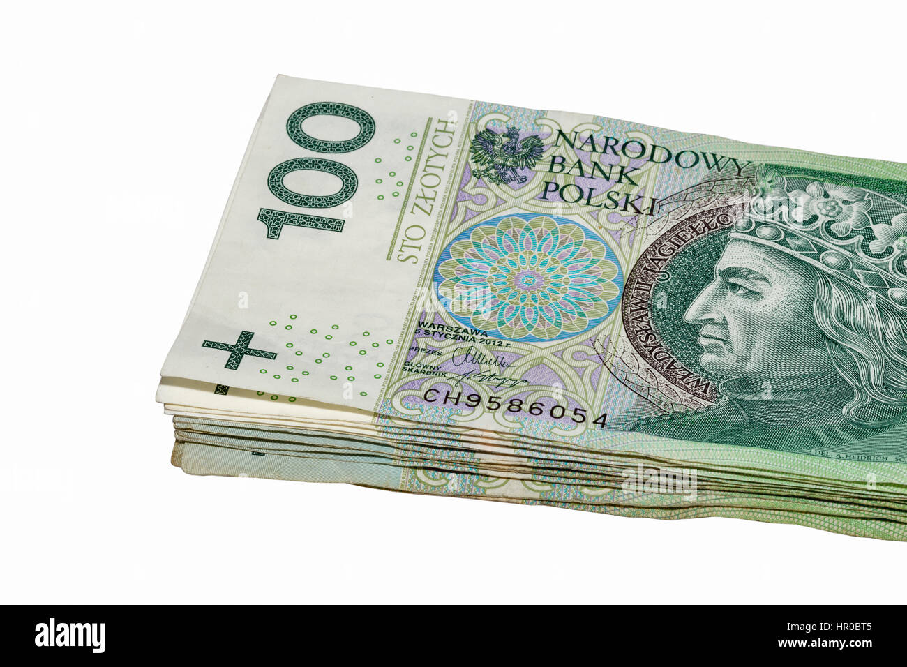 Il polacco utilizzato banconote di un centinaio di pila isolati su sfondo bianco Foto Stock
