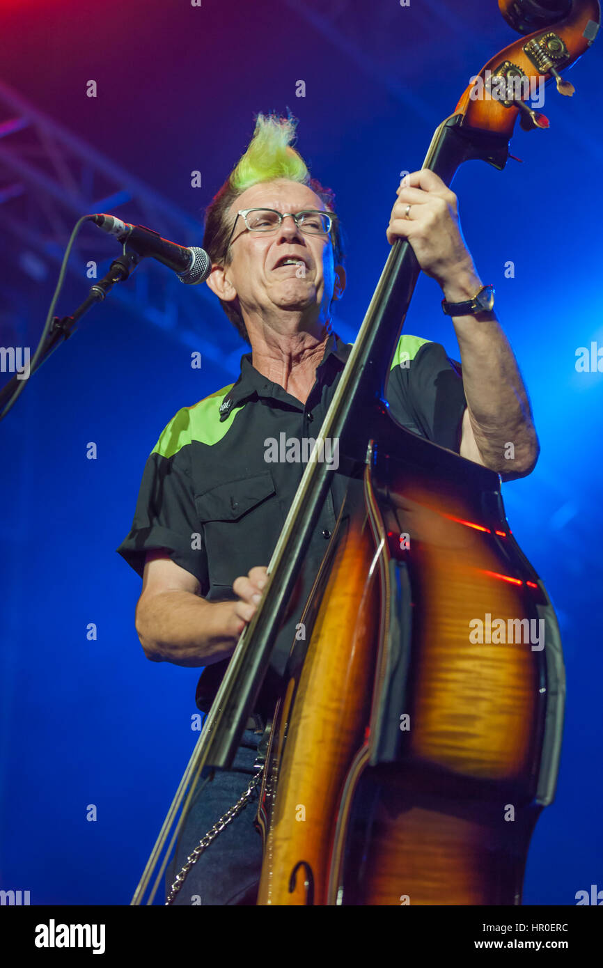 Brian Setzer's Shockabilly Riot banda a Byron Bay Bluesfest, Nuovo Galles del Sud, Australia. Rockabilly musica vive ancora una volta. La buona musica non muore mai. Foto Stock