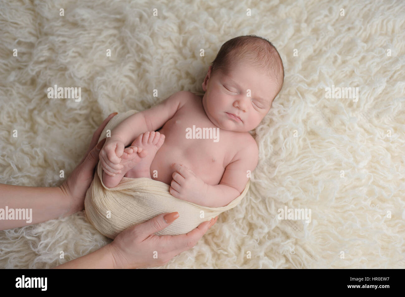Dormire, due settimane di età, i neonati boy swaddled in un color crema wrap. Egli viene confortato dalla sua madre con le mani in mano. Girato in studio su un flokat Foto Stock