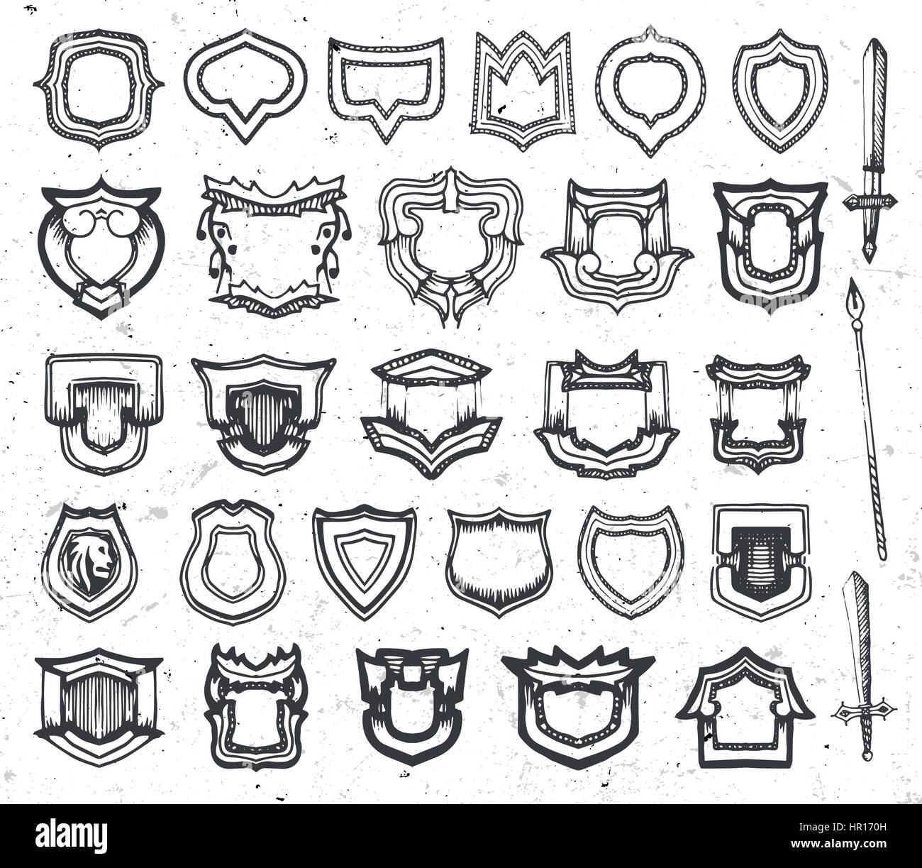 Abstract isolato in bianco e nero e a colori bianco stemma,scudo e spada logo impostare, antica arma logotipi collezione illustrazione vettoriale. Illustrazione Vettoriale