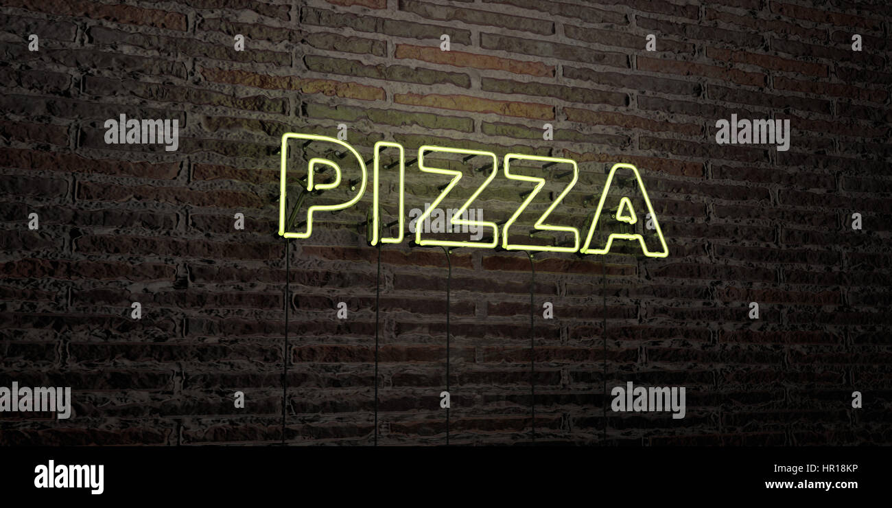 PIZZA - realistico segno al Neon su un muro di mattoni di sfondo - 3D reso Royalty free stock foto. Possono essere utilizzati per gli annunci tramite banner on line di altezza e direct mailer. Foto Stock