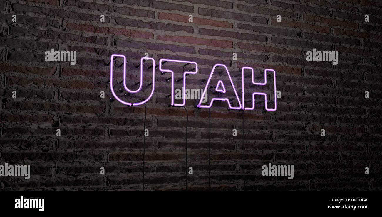 UTAH -realistico segno al Neon su un muro di mattoni di sfondo - 3D reso Royalty free stock foto. Possono essere utilizzati per gli annunci tramite banner on line di altezza e direct mailer. Foto Stock