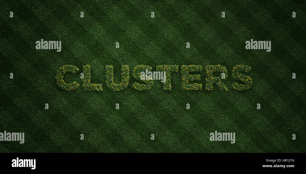 Cluster - erba fresca lettere e con i fiori di tarassaco - 3D reso Royalty free stock foto. Possono essere utilizzati per gli annunci tramite banner on line di altezza e direct mailer Foto Stock