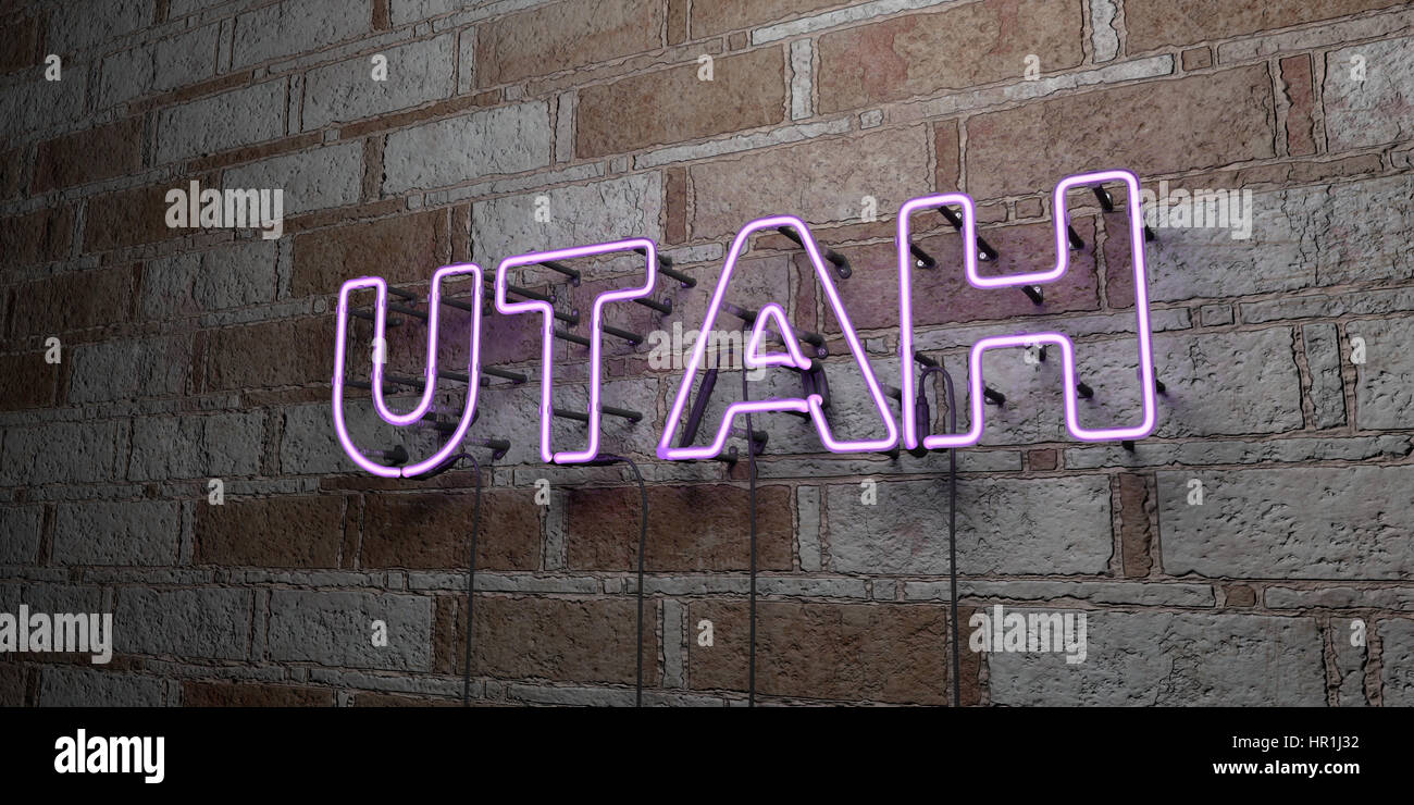 UTAH - incandescente insegna al neon sulla parete in muratura - 3D reso Royalty free stock illustrazione. Possono essere utilizzati per gli annunci tramite banner on line di altezza e direct mailer. Foto Stock