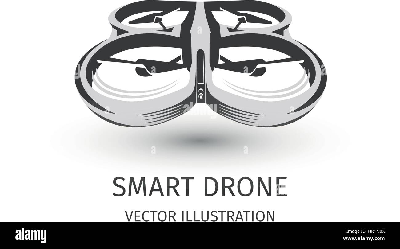 Isolato rc drone logo su bianco. Tecnologia Drone logotipo. Unmanned Aerial icona del veicolo. Il dispositivo di telecomando segno. Visione di sorveglianza multirotor. Vettore illustrazione quadcopter Illustrazione Vettoriale