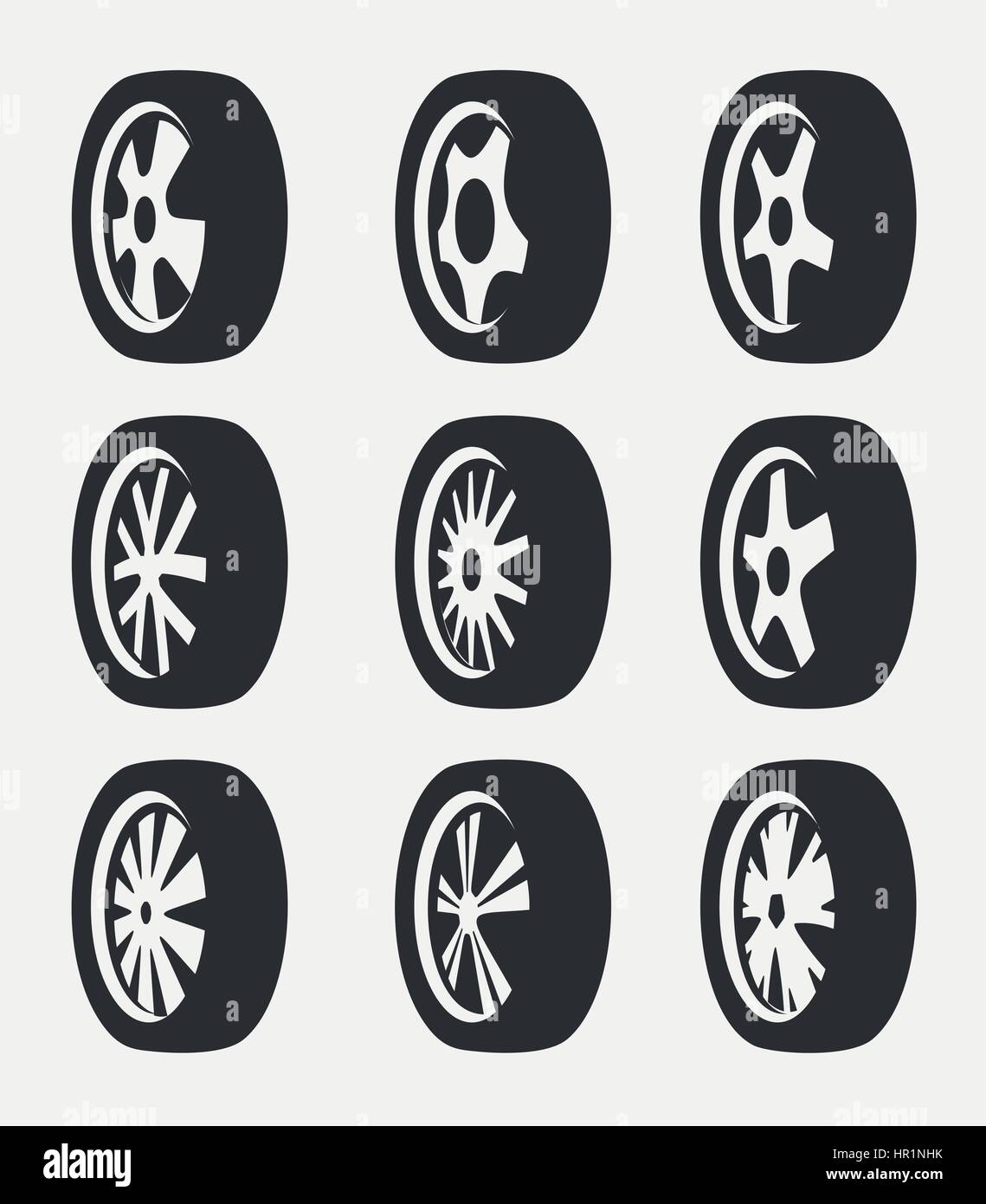 Isolato in bianco e nero e colore bianco ruote in lega logo collection, elementi delle auto logotipo imposta illustrazione vettoriale. Illustrazione Vettoriale