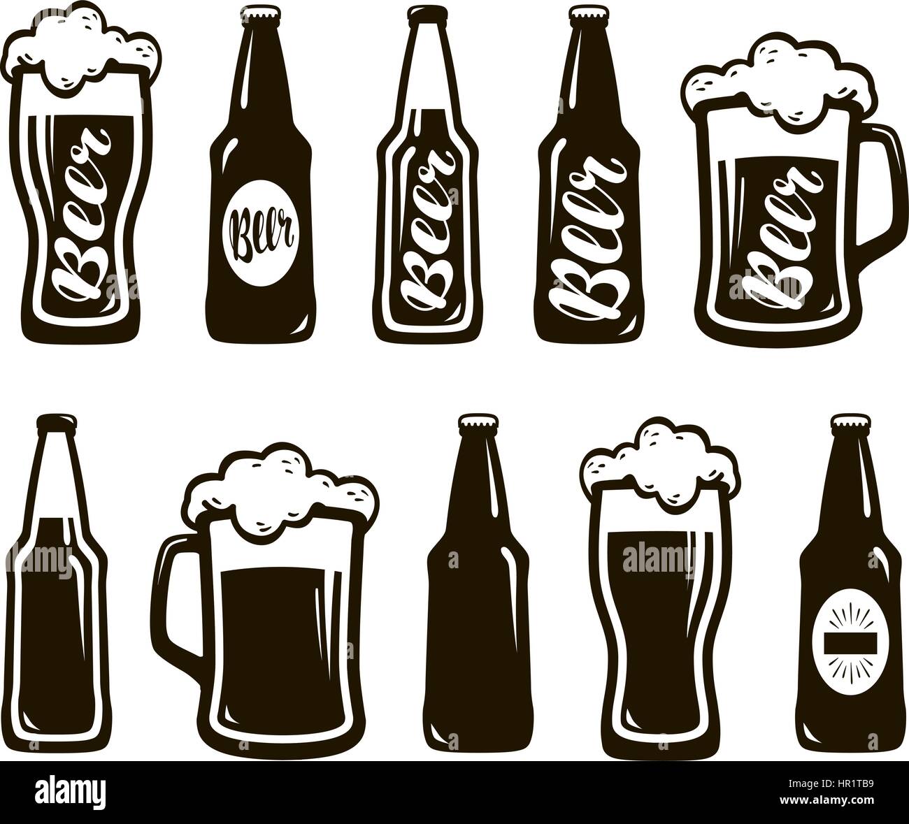 Bicchiere di birra, ale, lager. Mug, bottiglia set di icone. Oktoberfest, ristorante, pub, bar simbolo. Illustrazione Vettoriale Illustrazione Vettoriale
