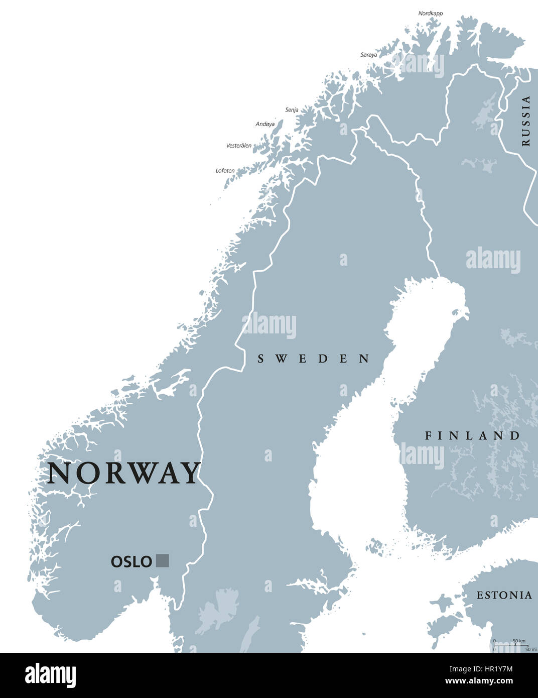 Norvegia mappa politico con capitale Oslo, i confini nazionali e i paesi vicini. Regno e il paese scandinavo nel Nord Europa. Foto Stock