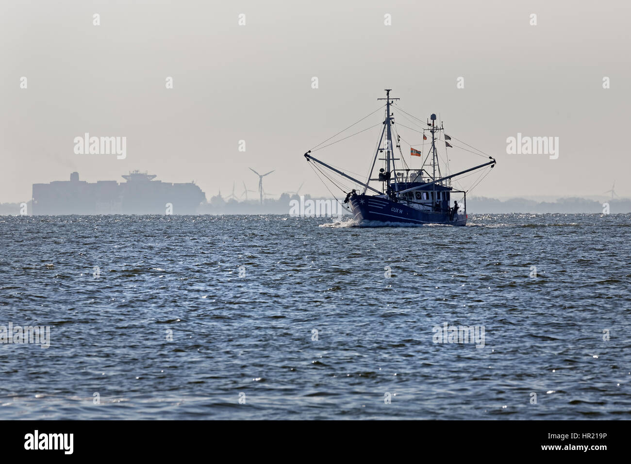 Gamberetti barca sul fiume Elba, Cuxhaven, Bassa Sassonia, Germania, Europa Foto Stock