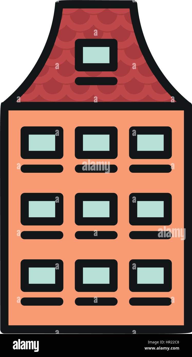 Isolato di colore arancione di bassa altezza di casa comunale in lineart icona di stile, elemento urbano di edificio architettonico illustrazione vettoriale. Illustrazione Vettoriale